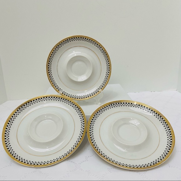 Norleans Gold Symphony 3 Saucers Gold Trim Black Gray Dots On White China - Picture 7 of 7